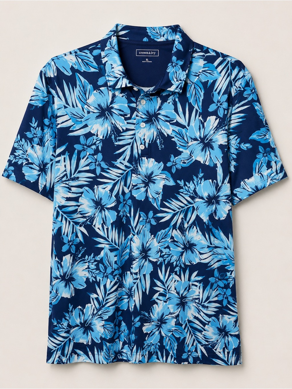 Crown & Ivy Men's XL Performance Floral Polo Shirt Blue Tropical Hibiscus